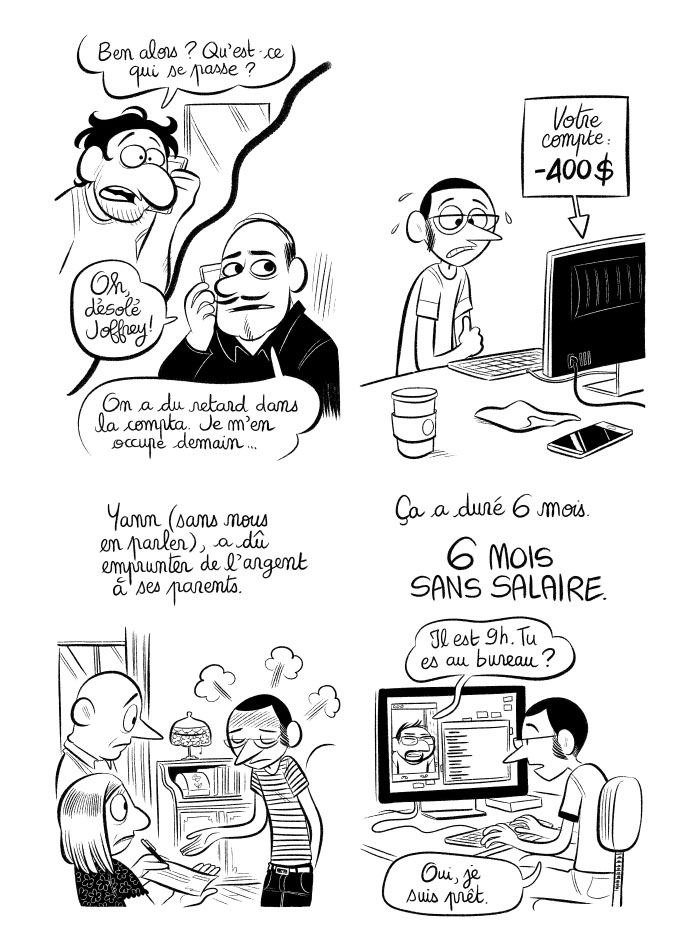 Yann, stagiaire chez Boulax, doit emprunter de l'argent à ses parents parce que son salaire n'est pas versé. 
