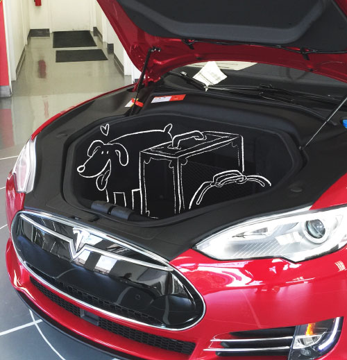 On peut mettre trois valises ou un clébard dans le coffre avant de la Tesla.