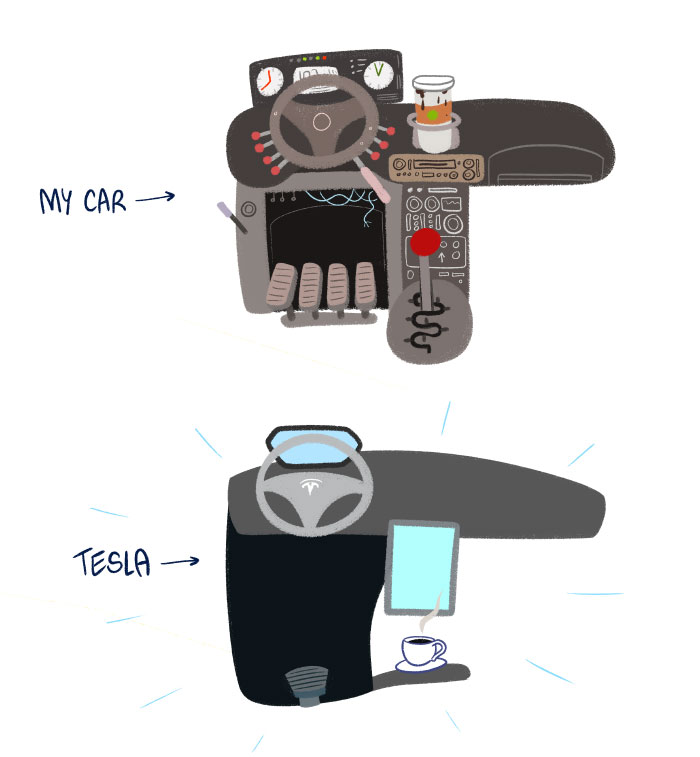 Ma voiture, c'est de la merde. La Tesla est top.