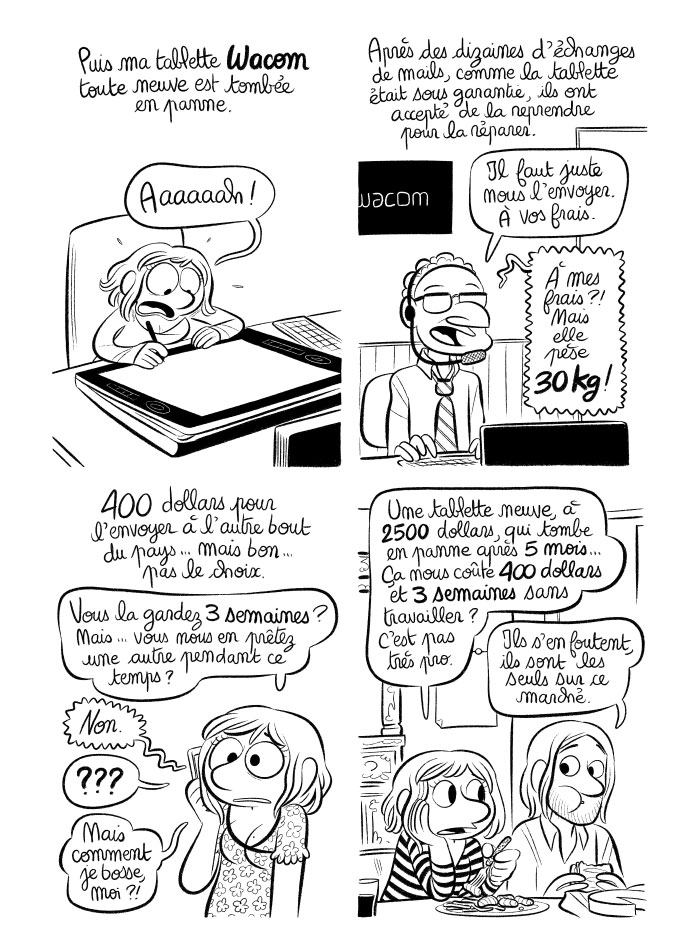 Ma tablette Wacom Cintiq 24HD achetée quelques mois auparavant tombe en panne. Il n'y a aucun service après-vente. Chez Wacom, ils prétendent que la tablette est garantie mais l'envoi est à ma charge: 400 dollars, et 3 semaines sans pouvoir travailler. Une honte. Un scandale! 