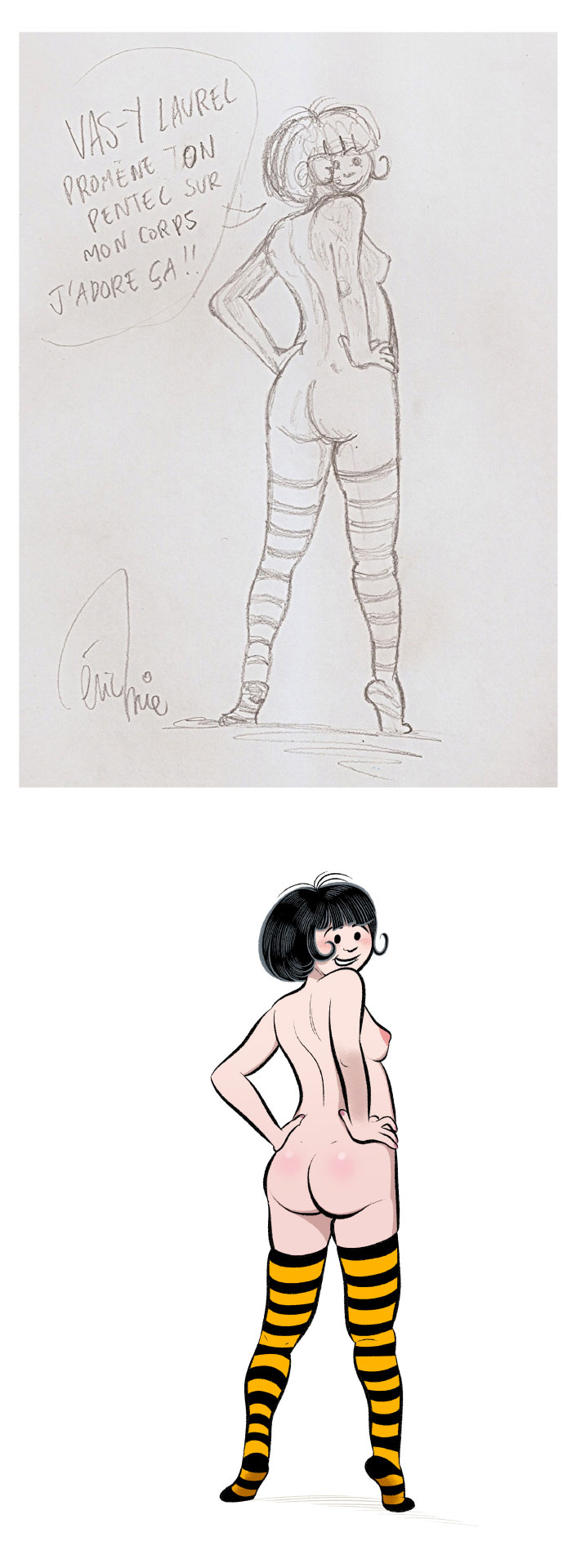Un dessin d'Eric Mie, les bas rayés. 