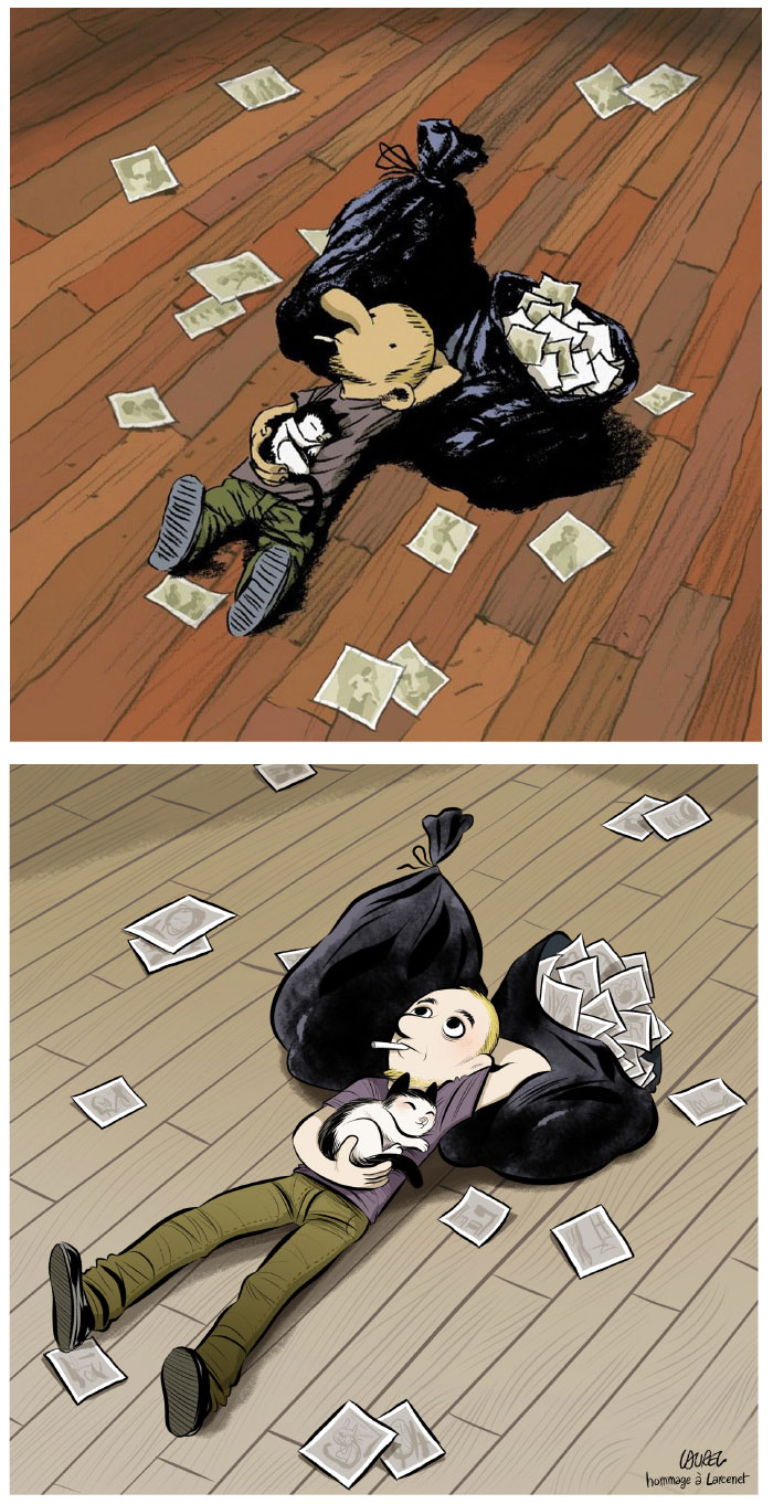 Hommage à la bande dessinée Le combat ordinaire, par Manu Larcenet. 