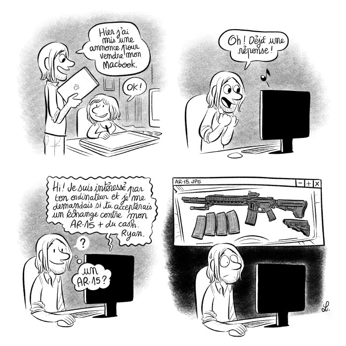 On a posté une annonce pour vendre un Macbook et quelqu'un nous a proposé un échange avec un AR-15.