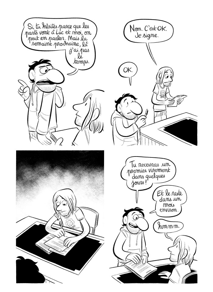 Adrien, contraint, doit signer la vente de ses parts à ses deux associés. Pas d'autre choix possible. 
