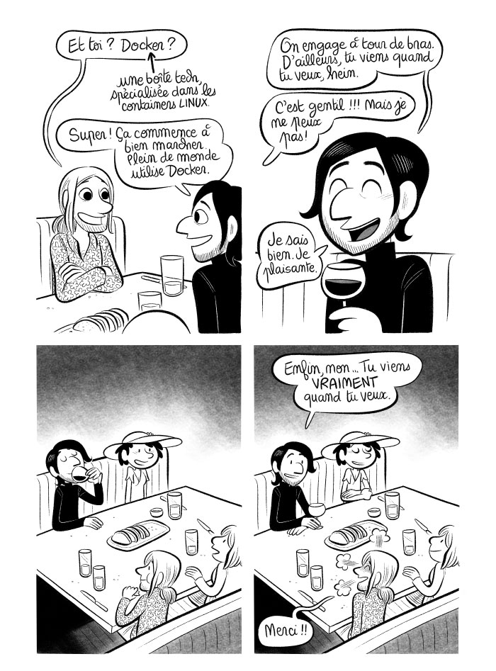Salomon propose à Adrien de venir bosser chez Docker quand il veut, c'est très gentil ! 