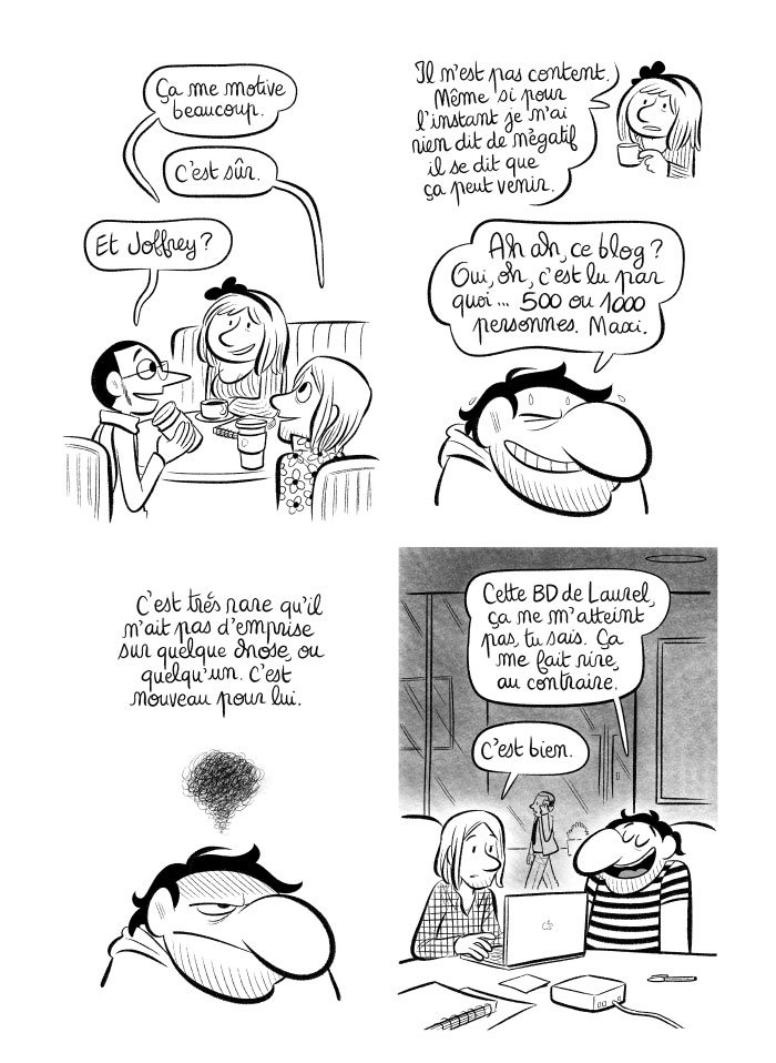 Joffrey dit que la BD "Comme convenu" ne l'atteint pas du tout. Et qu'au contraire, même, elle le fait rire. Adrien, stoïque, répond tranquillement "C'est bien."