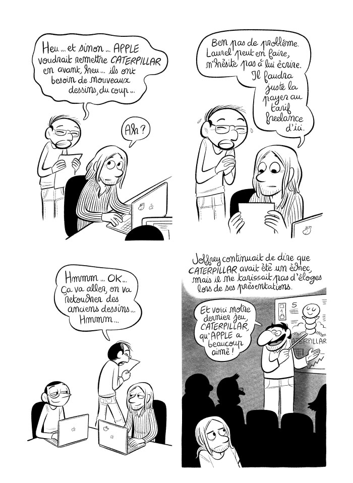 Luc vient car il a besoin de dessins nouveaux pour Caterpillar... Adrien répond que je peux les faire en étant payée. Il dit qu'il trouvera une solution. 