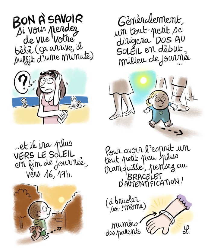 Premier réflexe, si vous perdez de vue votre bébé dans la foule, sur la plage... regarder le soleil et anticiper la direction qu'il a le plus de chances d'avoir prise. 